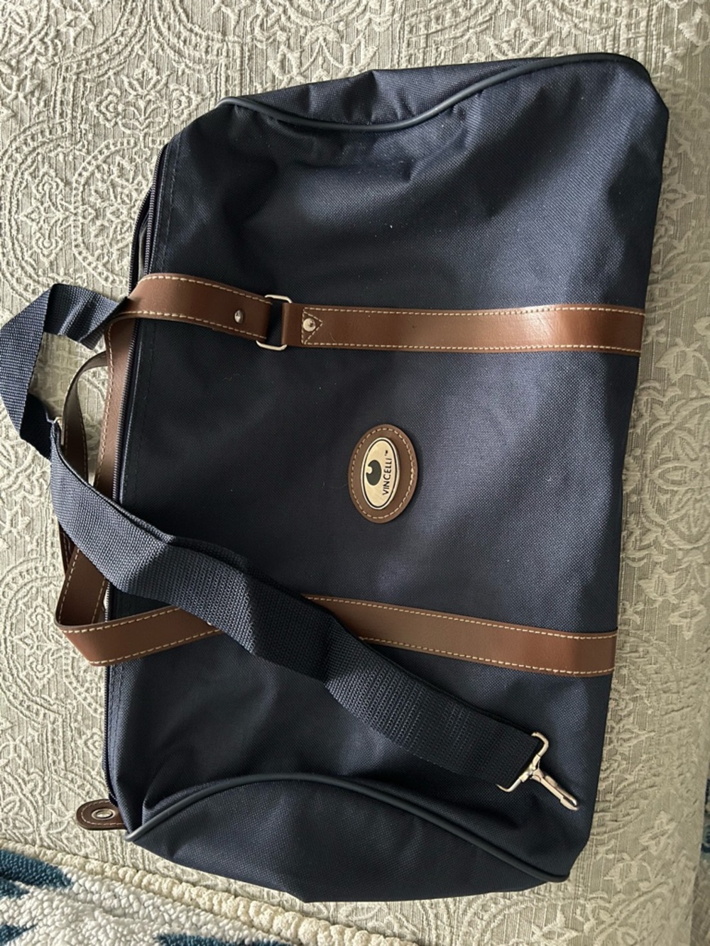 Navy and Brown Travel Duffel Bag -